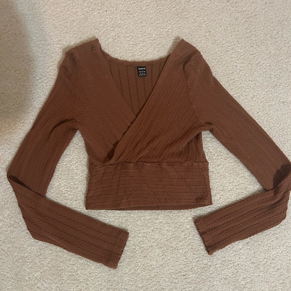 Brown Ribbed Long Sleeve Crop Top